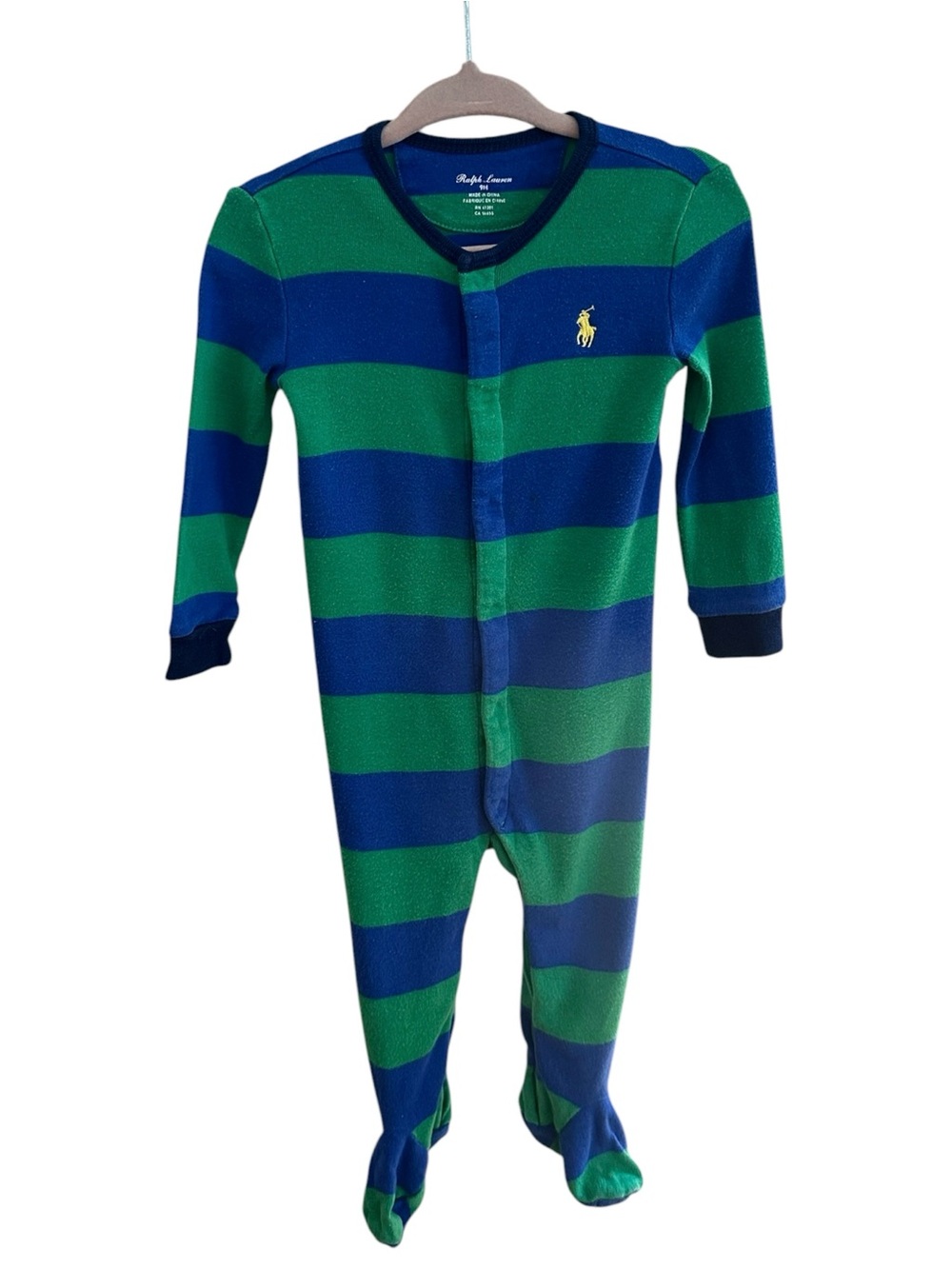 Ralph Lauren Baby Pajamas - Blue & Green Striped Footed Coverall 9 months